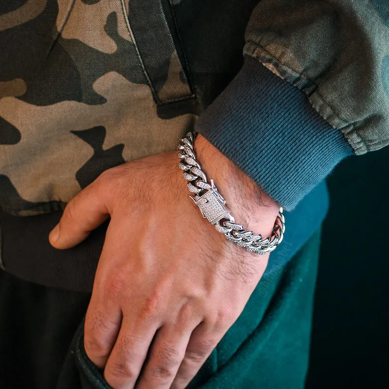 12mm Iced Out Cuban Link Bracelet in White Gold