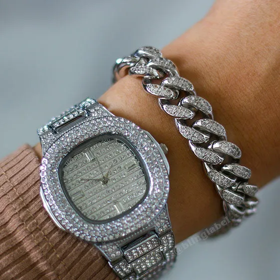 12mm Iced Out Cuban Link Bracelet in White Gold