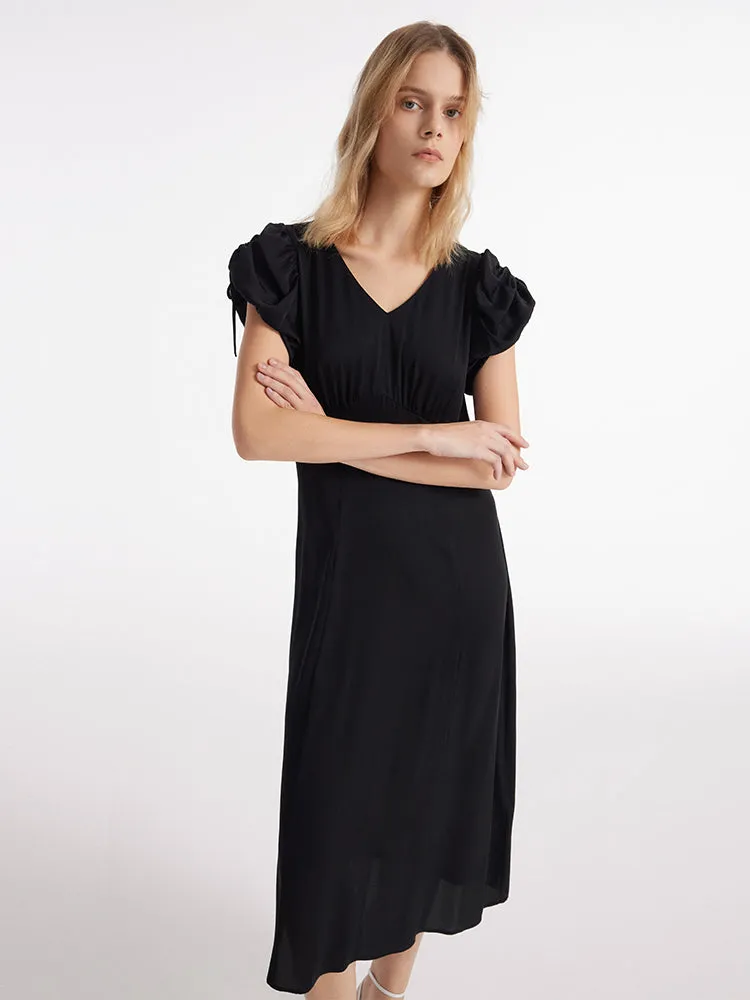 19 Momme Mulberry Silk Drawstring Sleeves Women Midi Dress