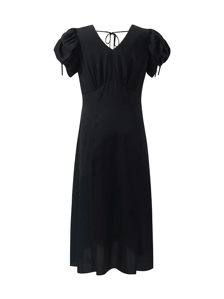 19 Momme Mulberry Silk Drawstring Sleeves Women Midi Dress