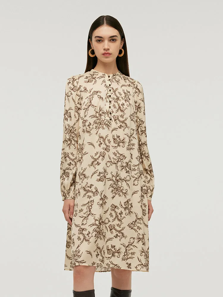 19 Momme Mulberry Silk Round Neck Printed Women Midi Dress With Belt