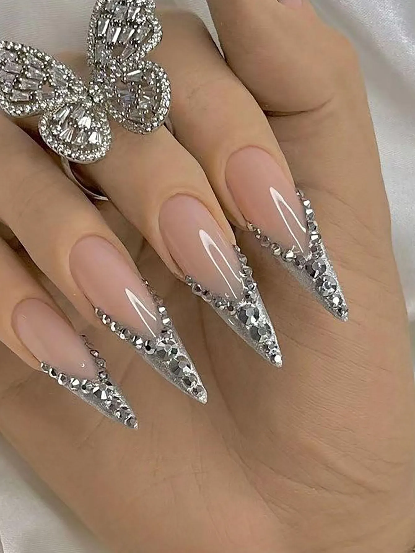 24 3D Stiletto Rhinestone Press On Nails