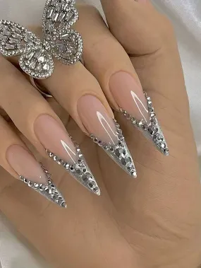 24 3D Stiletto Rhinestone Press On Nails