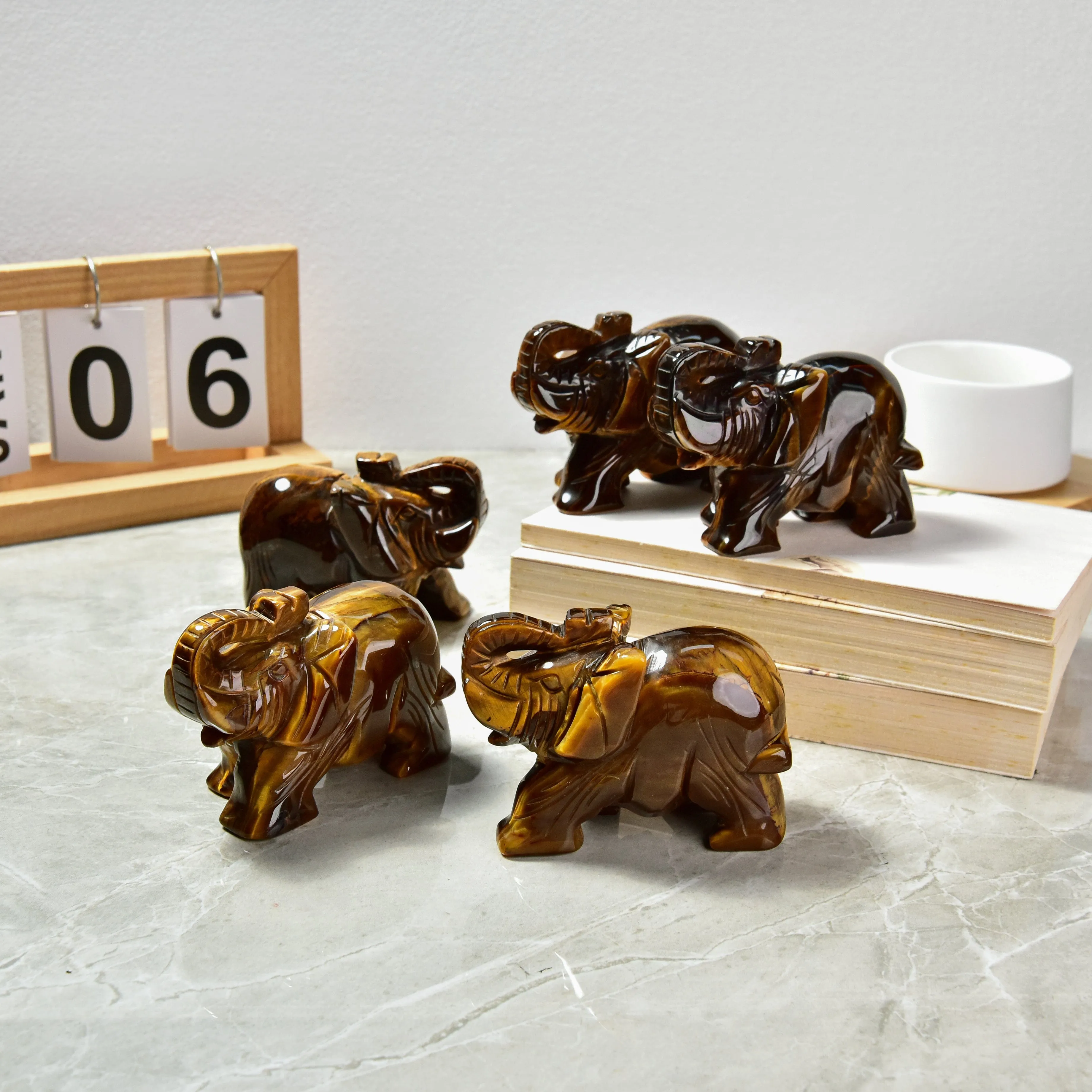 4 Tiger Eye Elephant Natural Gemstone Carving