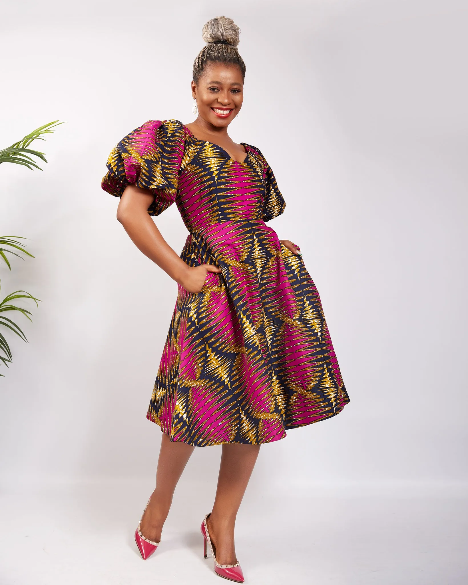 African Print Flare Midi Dress - Zione