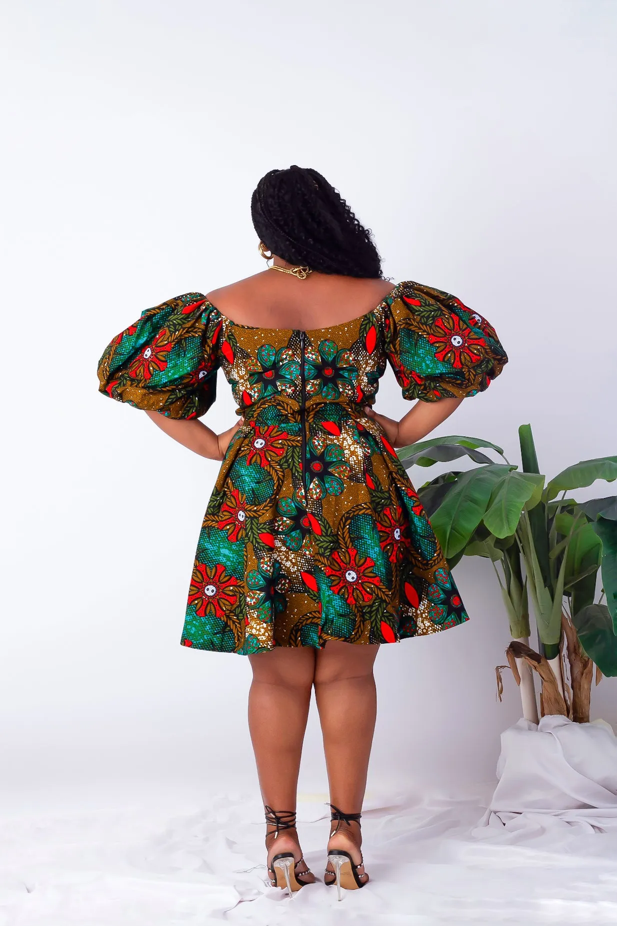 African Print Off Shoulder Box-Pleat Midi Dress - Shade