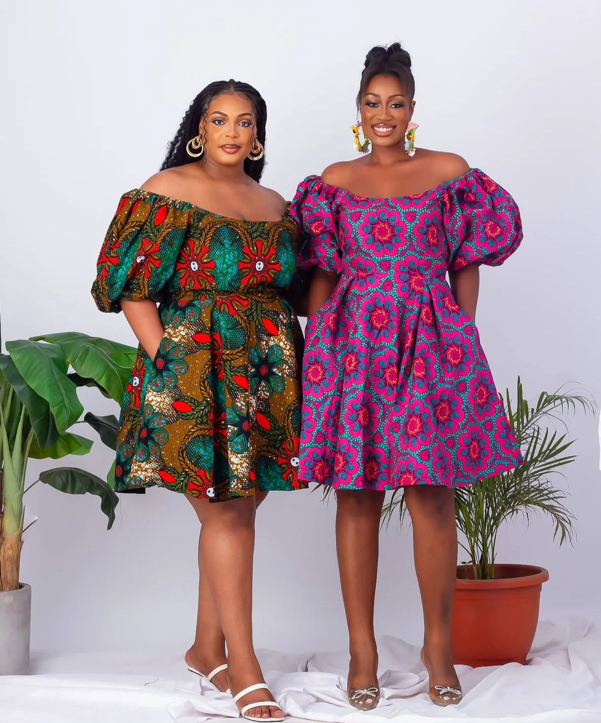 African Print Off Shoulder Box-Pleat Midi Dress - Shade