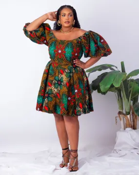 African Print Off Shoulder Box-Pleat Midi Dress - Shade