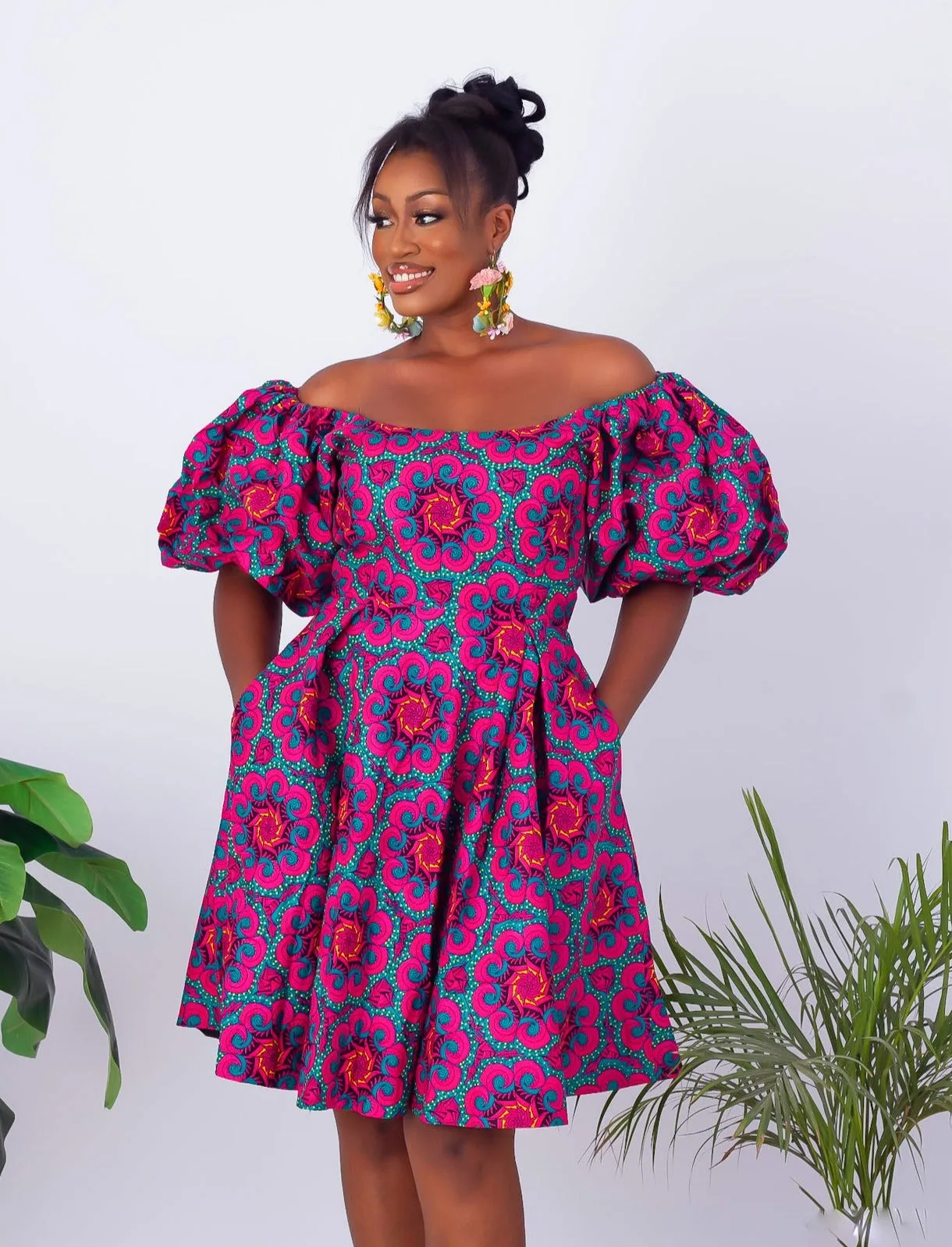 African Print Off Shoulder Flare Midi Dress - Abiye