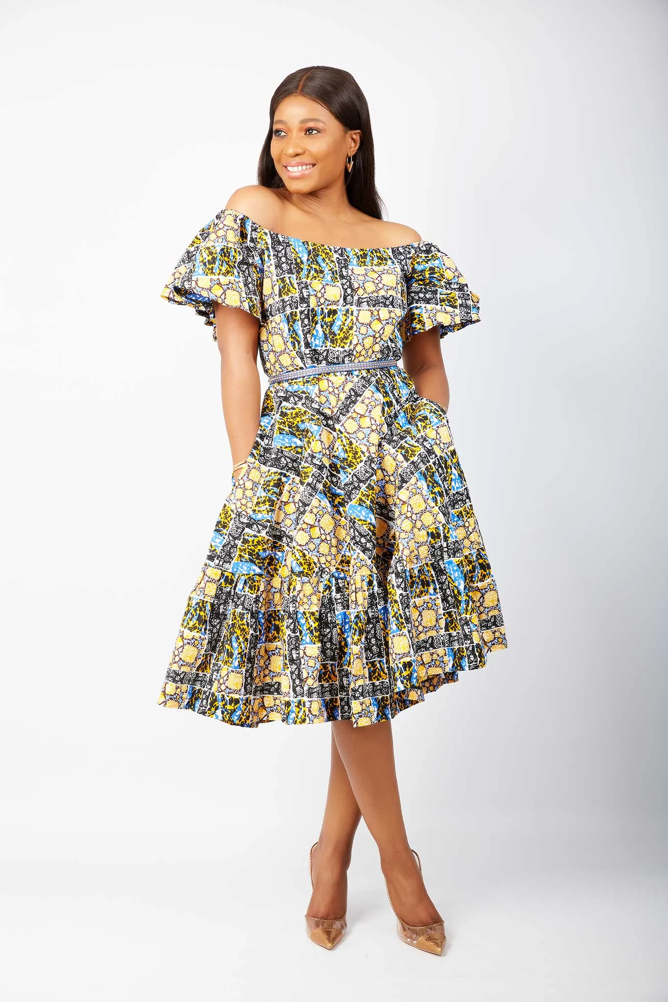 African print off shoulder Midi Dress - Odione