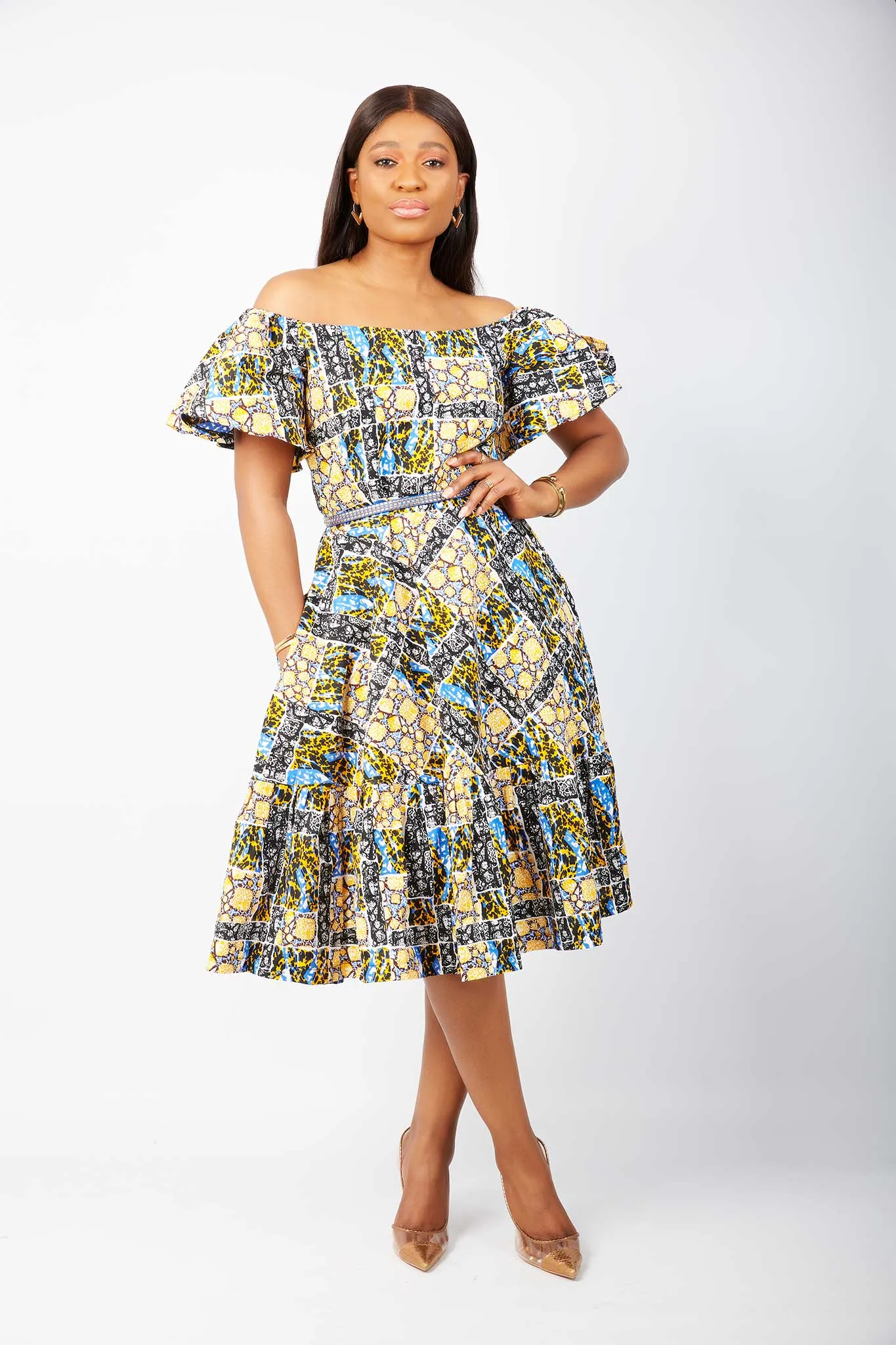 African print off shoulder Midi Dress - Odione