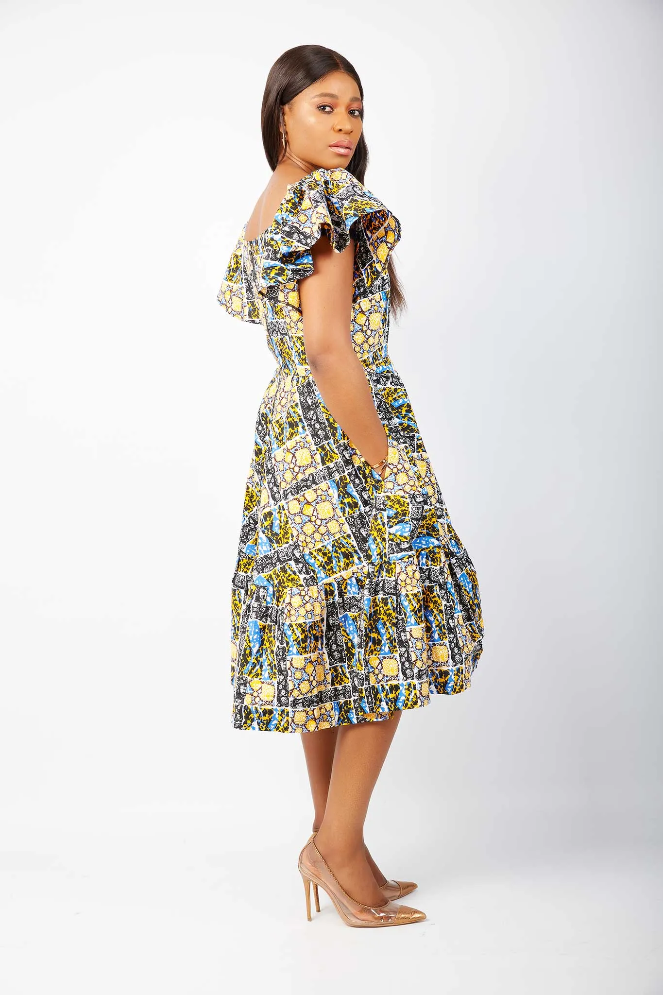 African print off shoulder Midi Dress - Odione