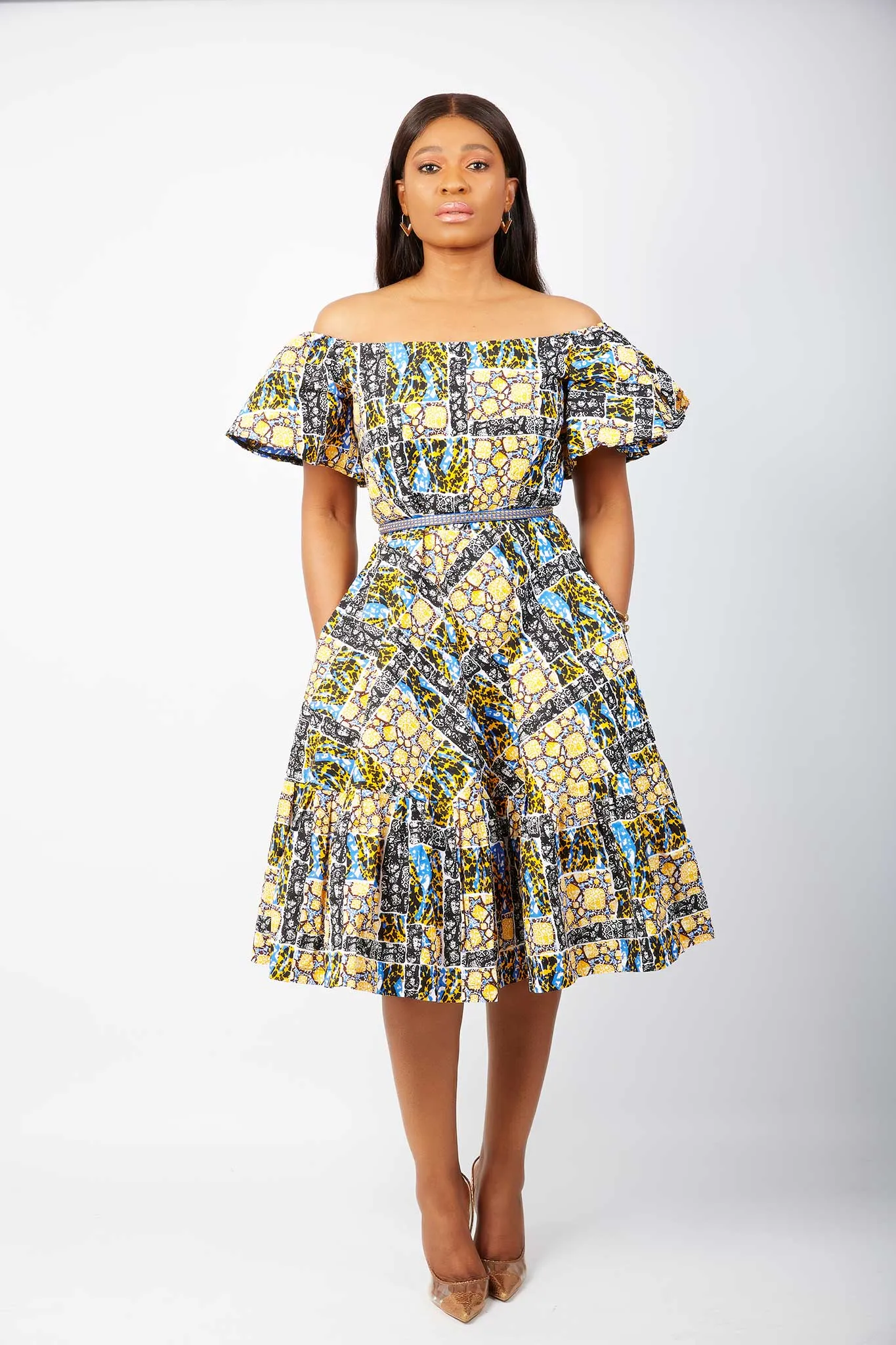 African print off shoulder Midi Dress - Odione