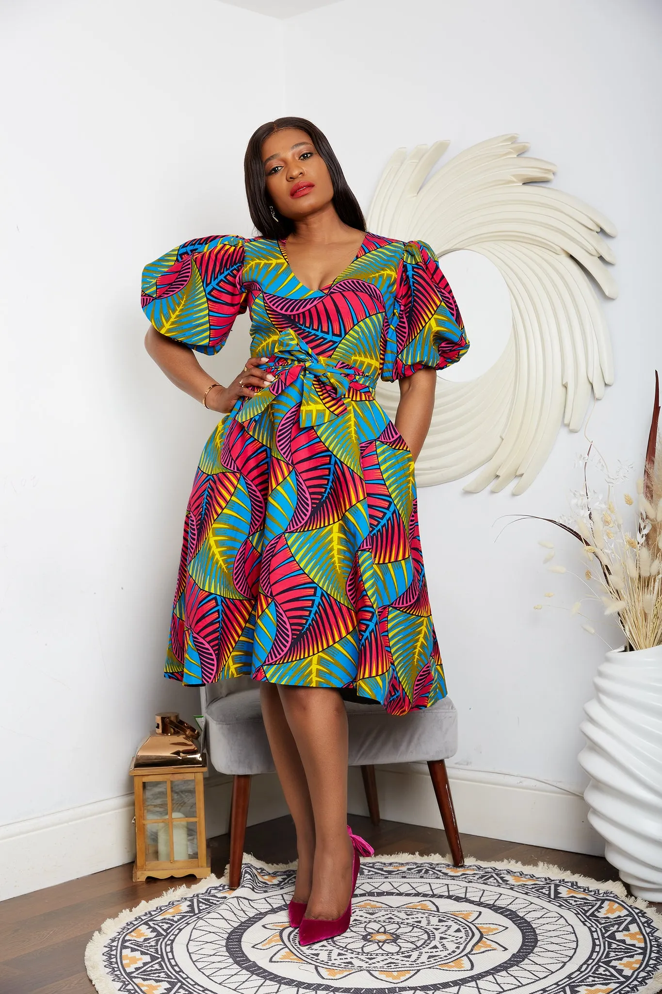 African Print Puff Sleeve Flare Midi Dress - Viola