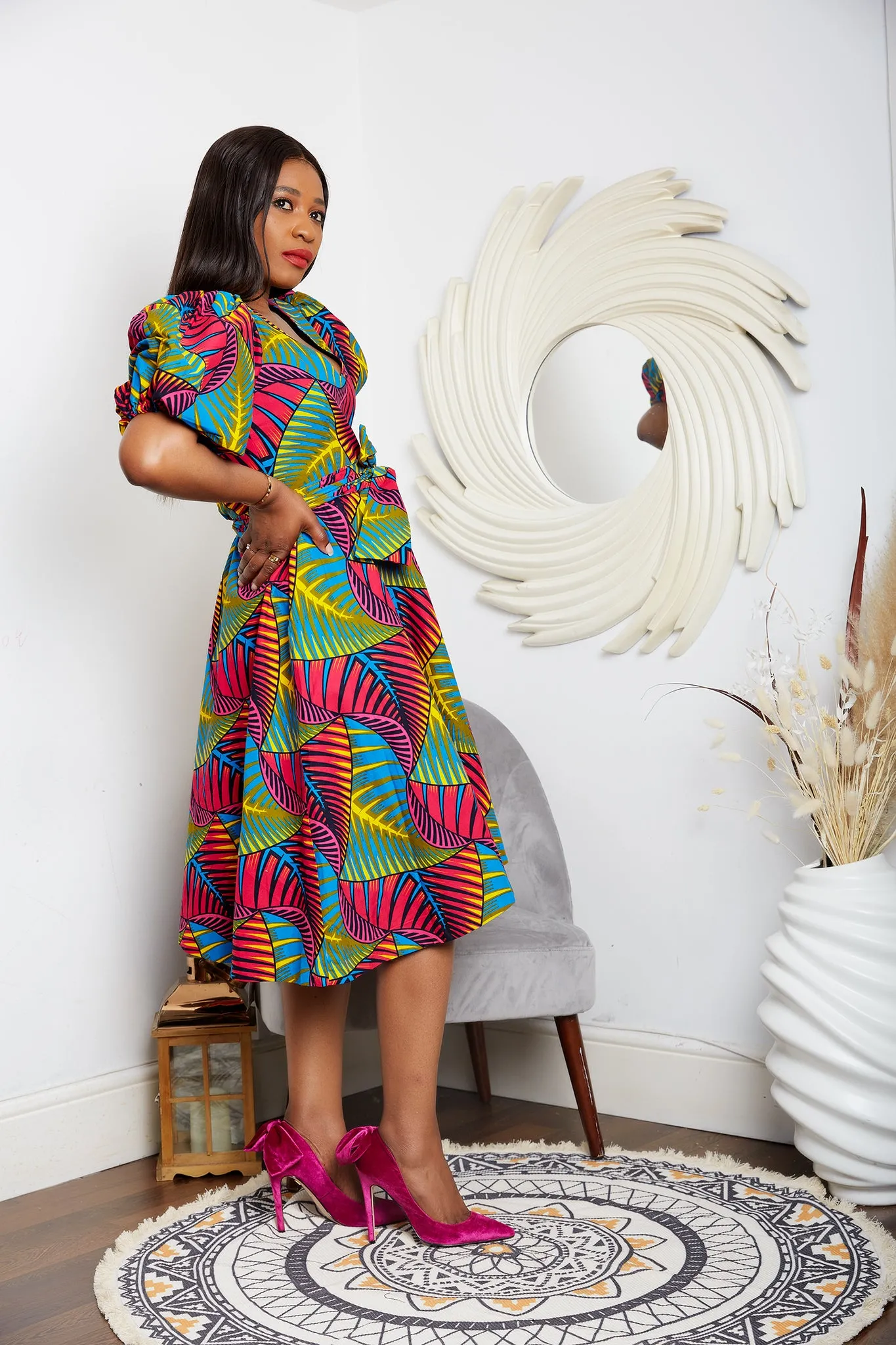 African Print Puff Sleeve Flare Midi Dress - Viola