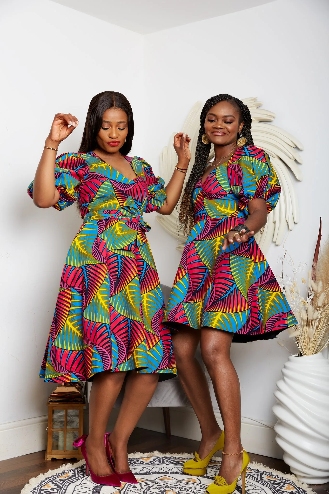 African Print Puff Sleeve Flare Midi Dress - Viola