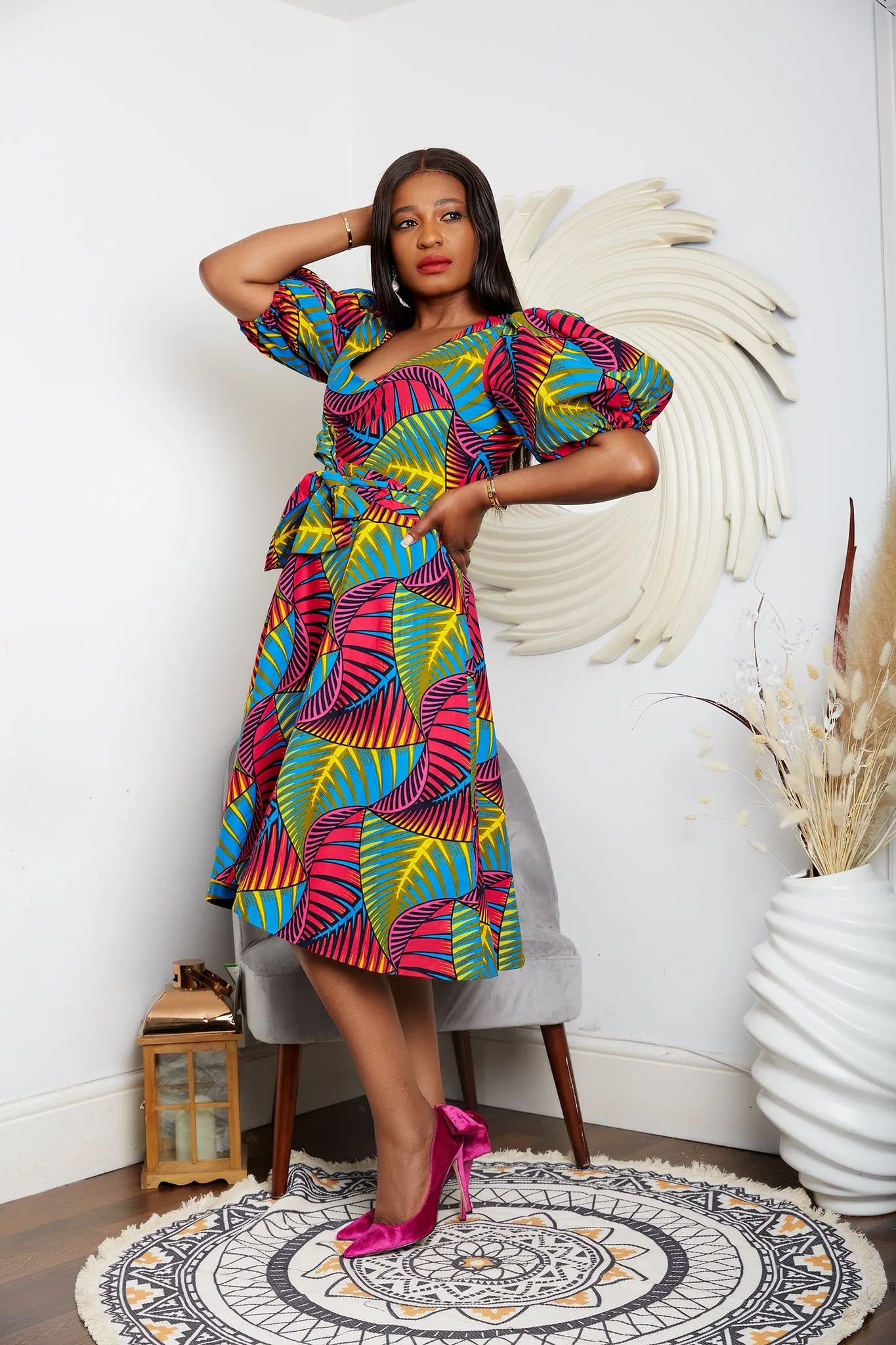 African Print Puff Sleeve Flare Midi Dress - Viola