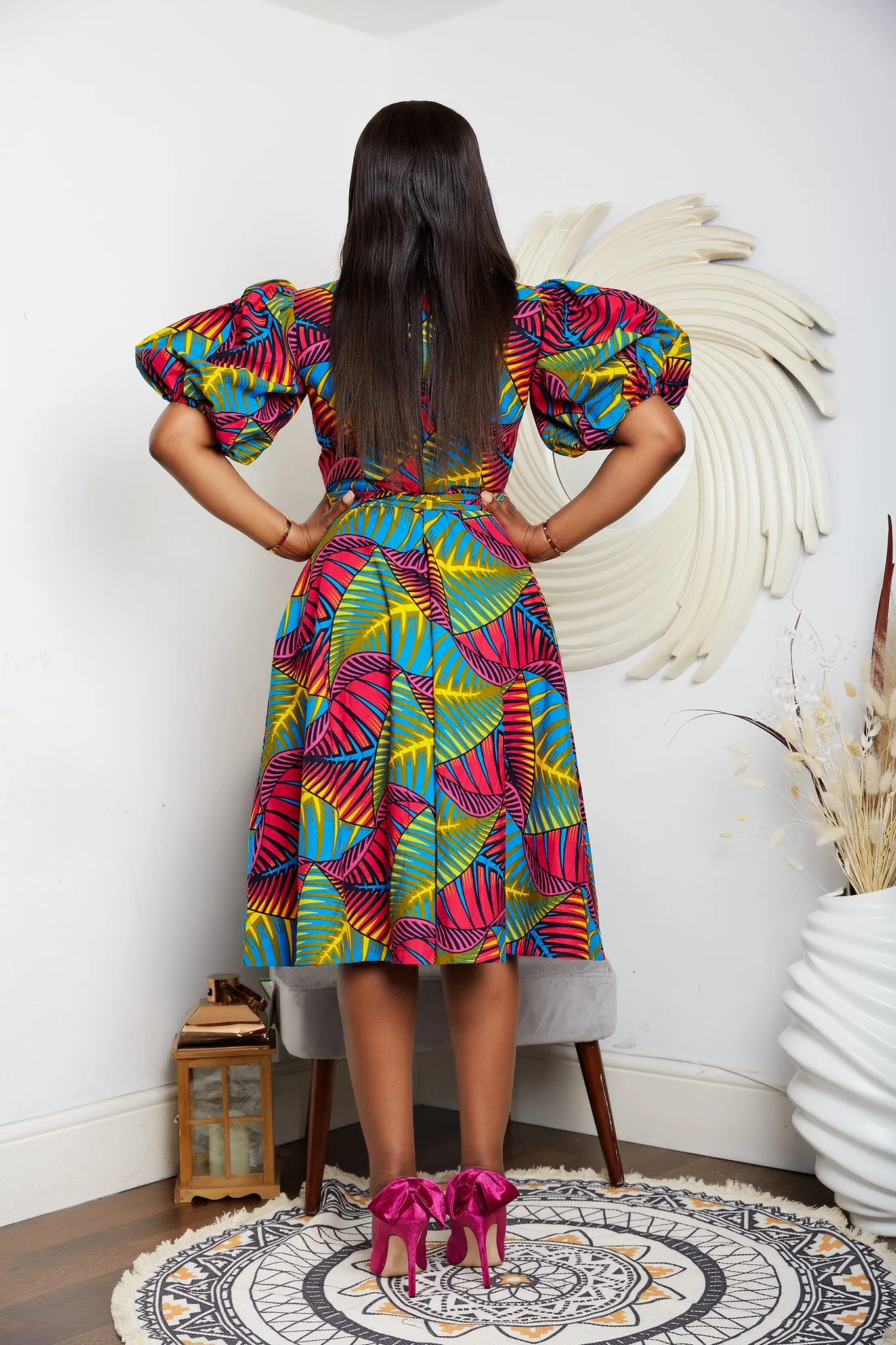 African Print Puff Sleeve Flare Midi Dress - Viola