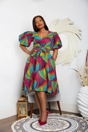 African Print Puff Sleeve Flare Midi Dress - Viola