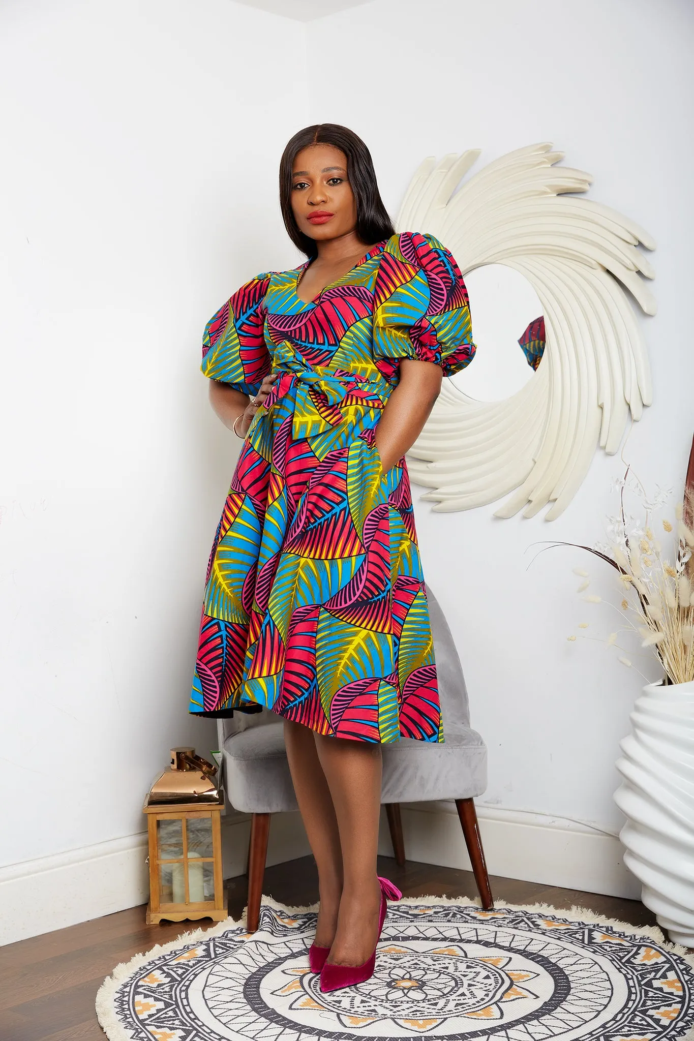 African Print Puff Sleeve Flare Midi Dress - Viola