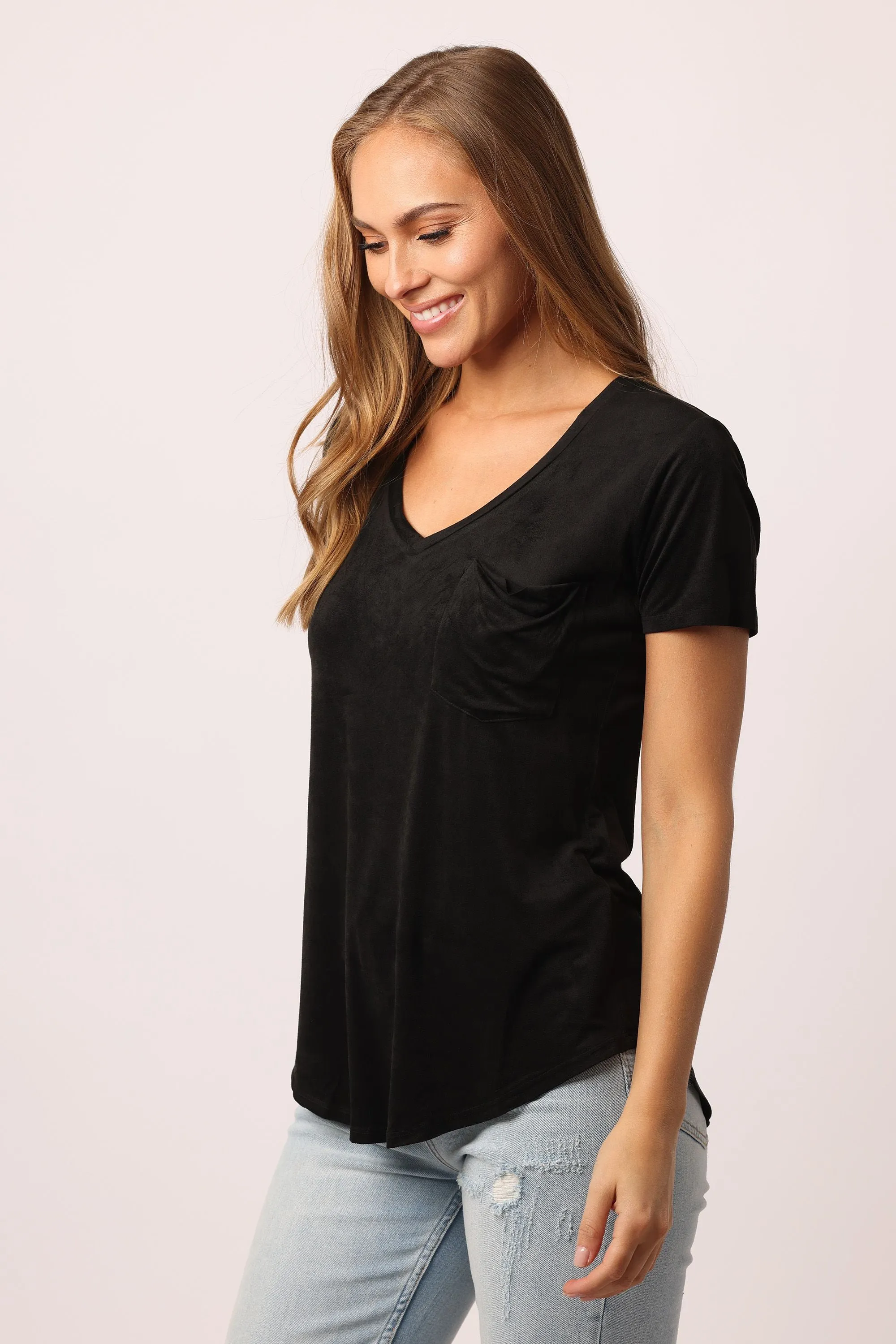 AL Phoenix Suede V-Neck Top- Black