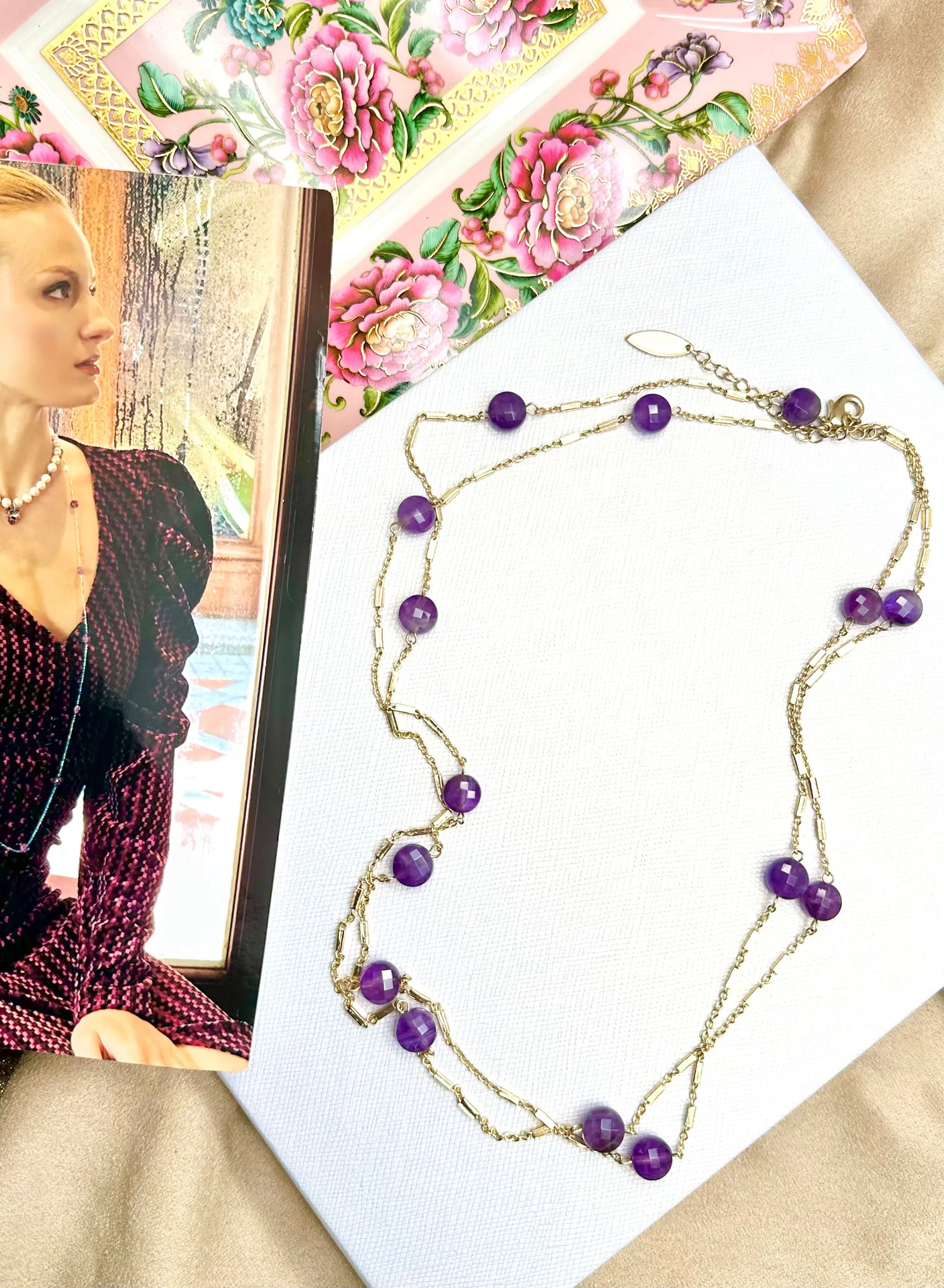 Amethyst Stones Long Chain Necklace KN041