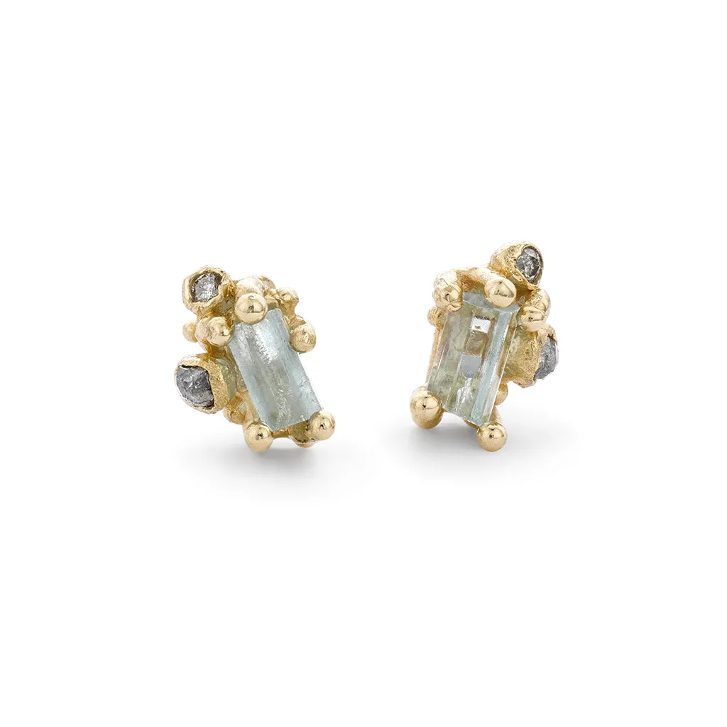 Aquamarine and Grey Diamond Encrusted Studs