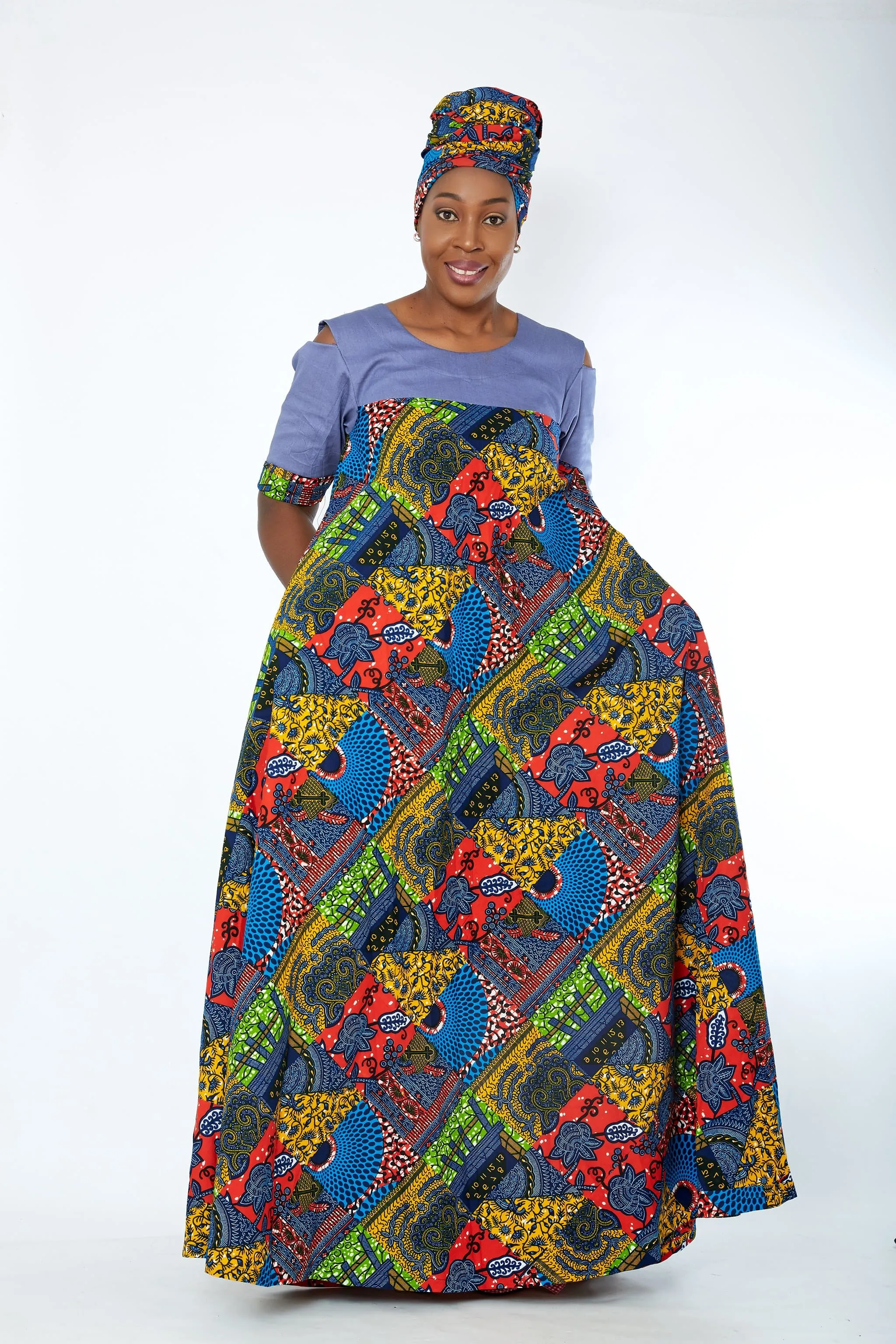 BACK IN STOCK: Obiageli African Print Denim Combo Maxi Dress