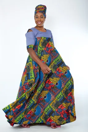 BACK IN STOCK: Obiageli African Print Denim Combo Maxi Dress