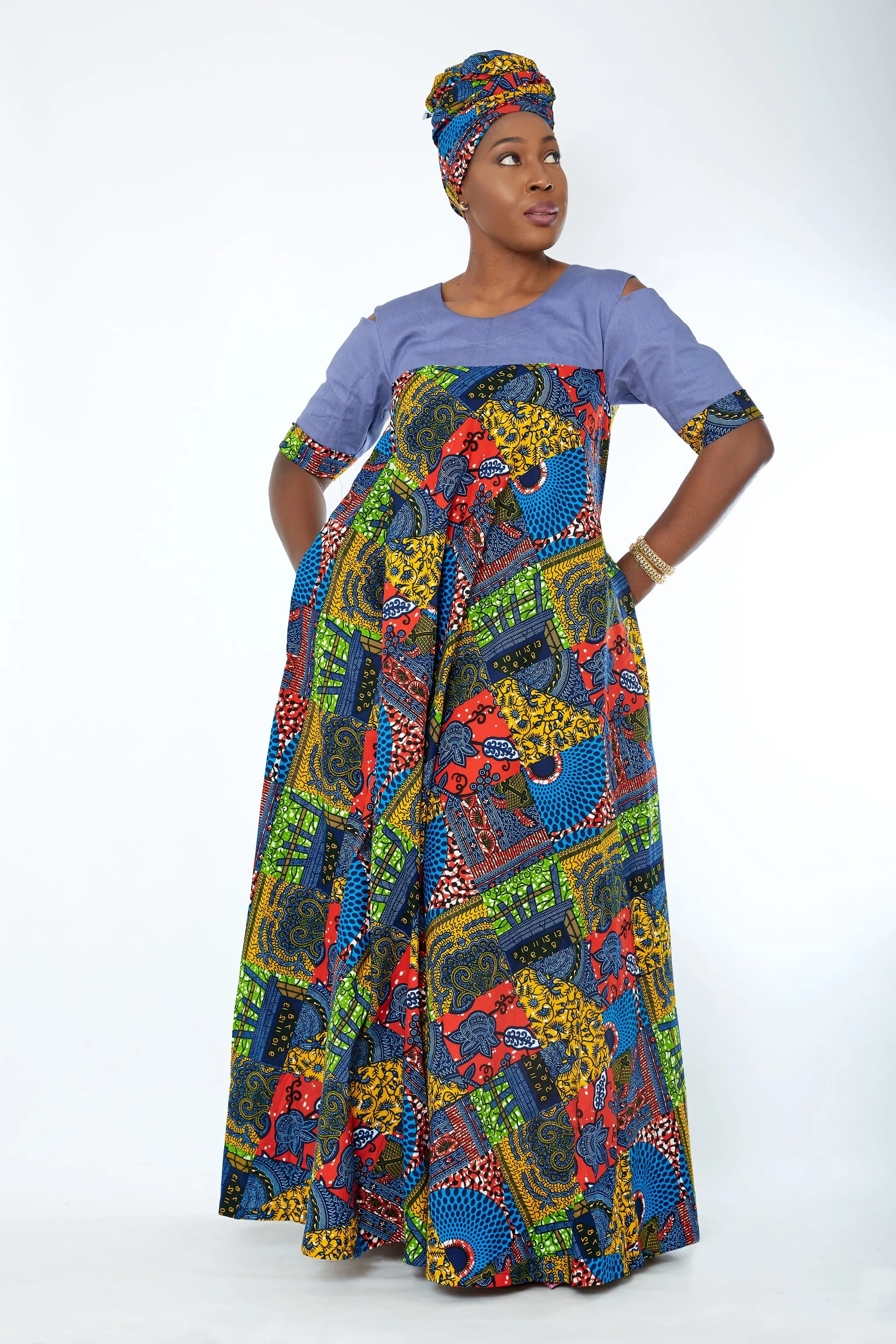 BACK IN STOCK: Obiageli African Print Denim Combo Maxi Dress