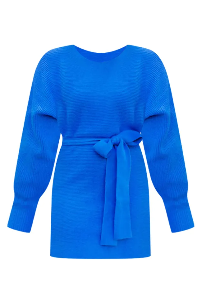 Been Awhile Blue Belted Long Sleeve Sweater Dress