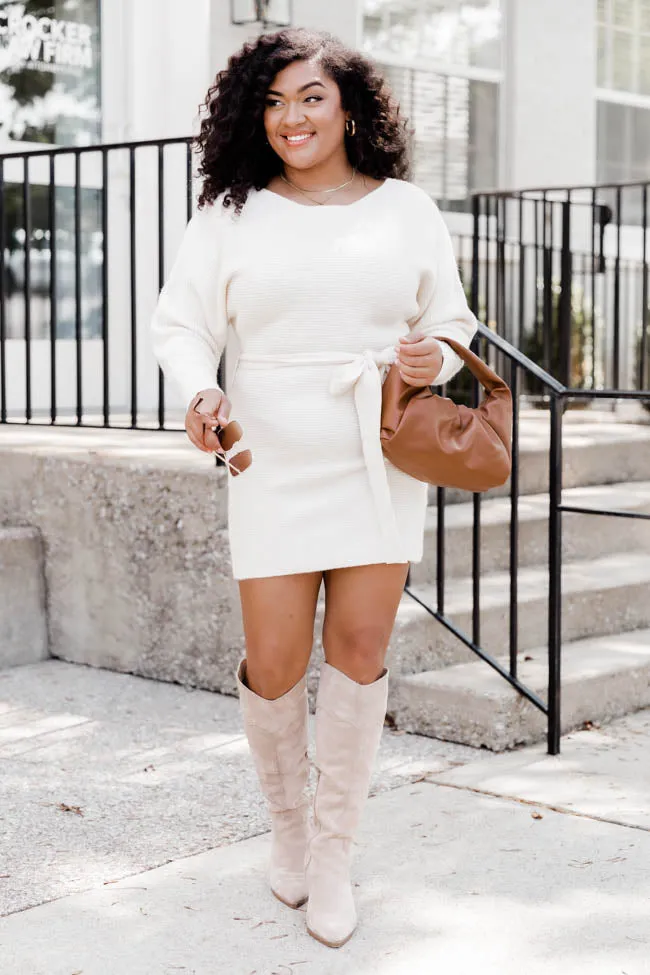 Been Awhile Cream Belted Long Sleeve Sweater Dress