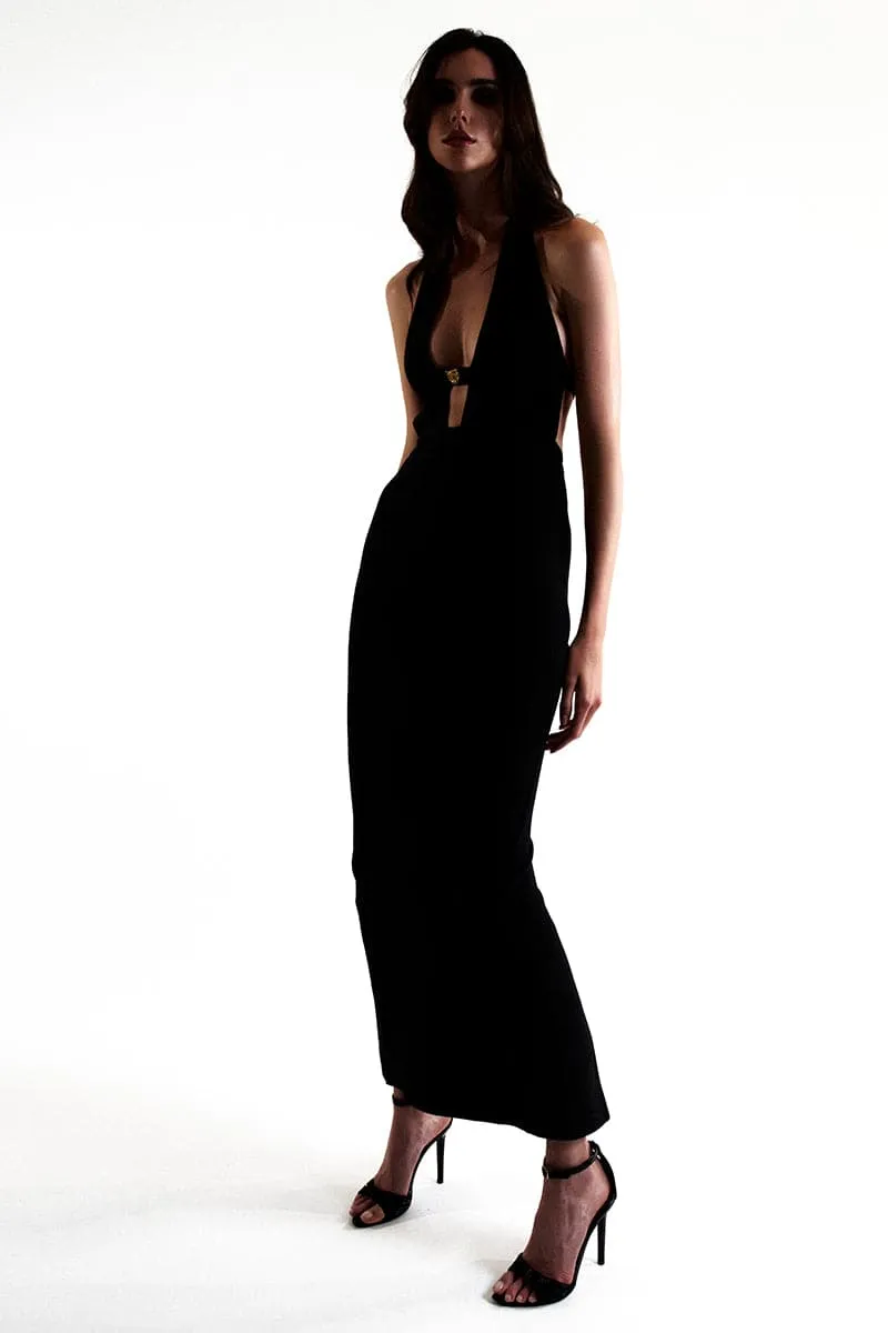 BLACK DEEP V-NECK MAXI DRESS