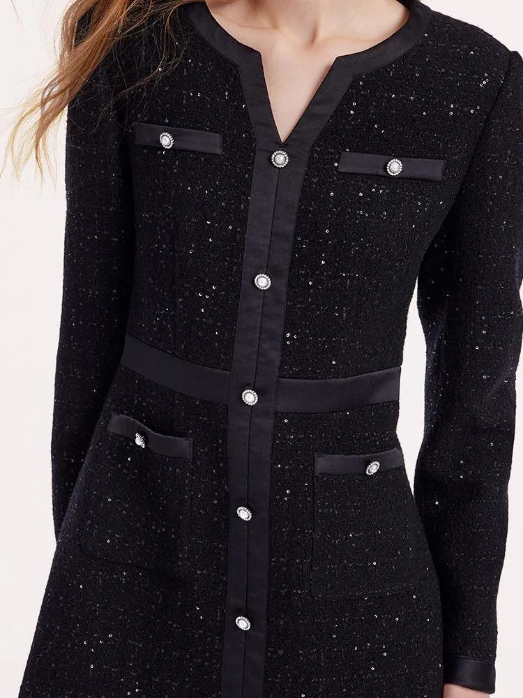 Black Sequins Notched Round Collar Wool Tweed Dress