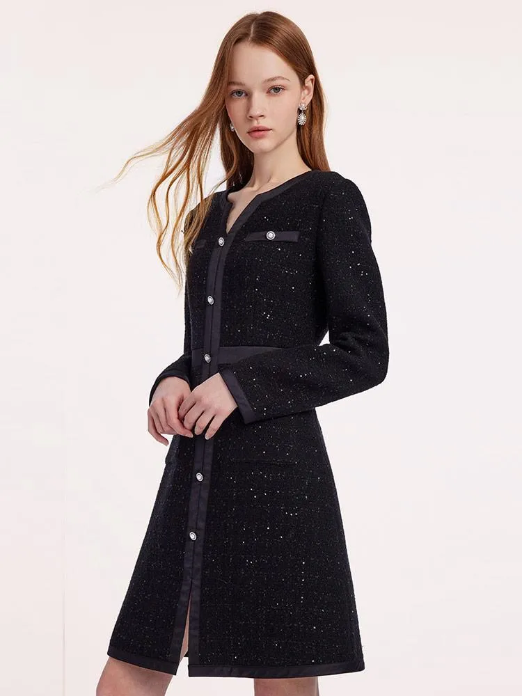 Black Sequins Notched Round Collar Wool Tweed Dress