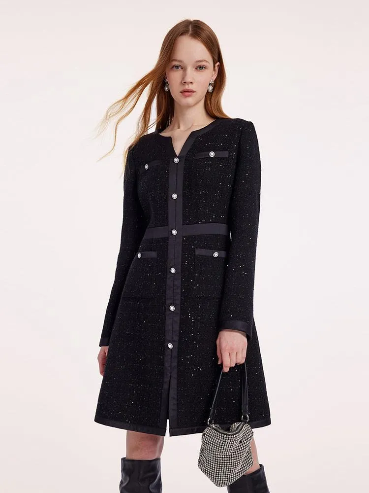 Black Sequins Notched Round Collar Wool Tweed Dress