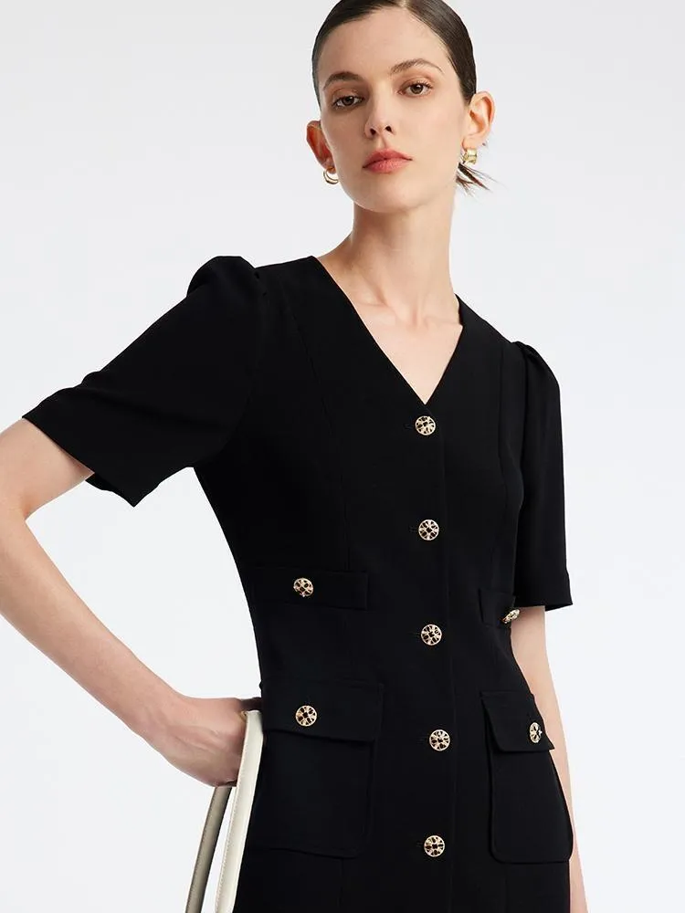 Black Triacetate Button Front Mini Dress