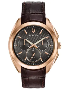 Bulova Mens Curv Chronograph - Rose Gold-Tone - Dark Gray Dial - Brown Leather