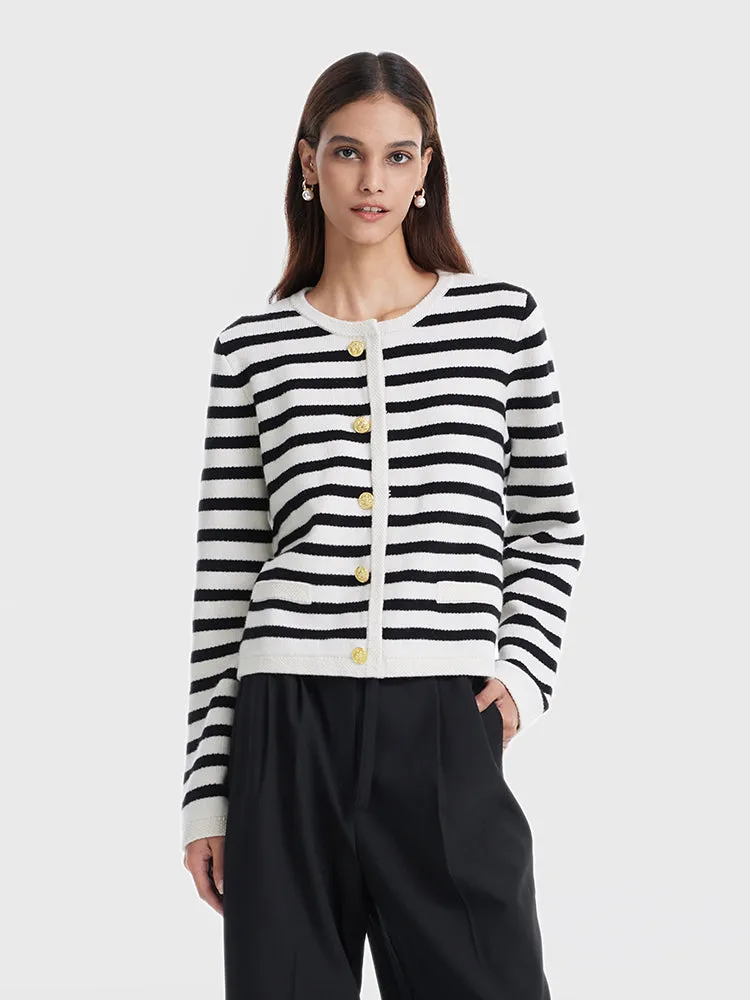 Button Up Woolen Striped Lady Cardigan