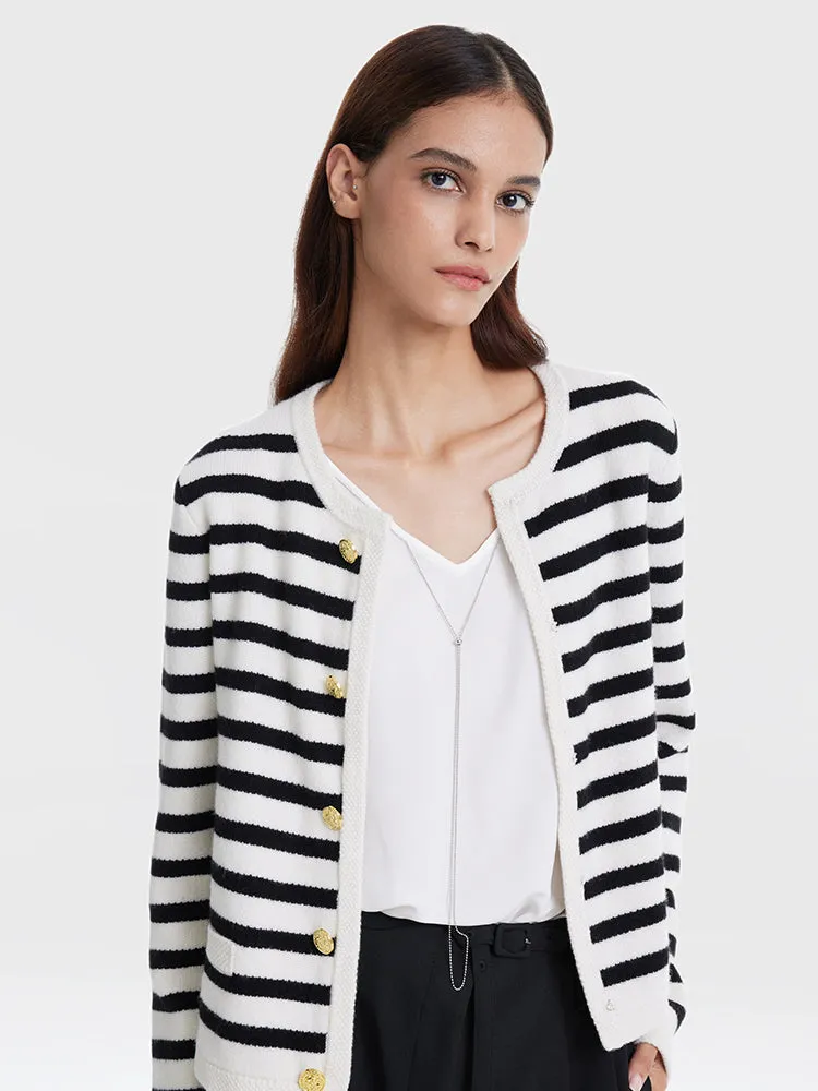 Button Up Woolen Striped Lady Cardigan