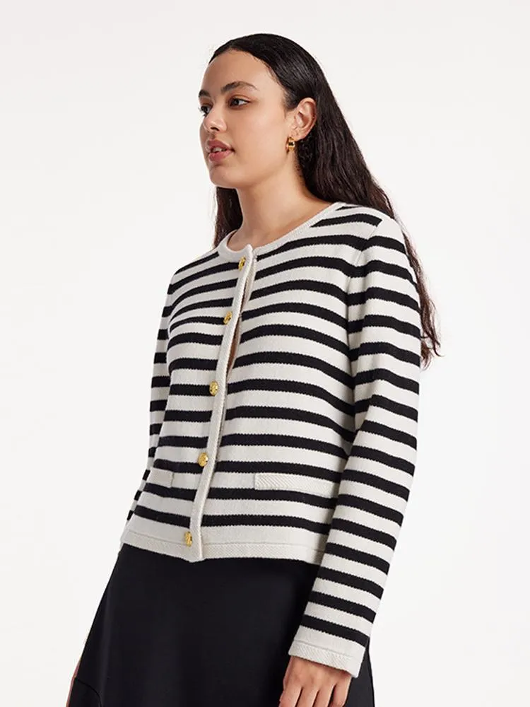 Button Up Woolen Striped Lady Cardigan