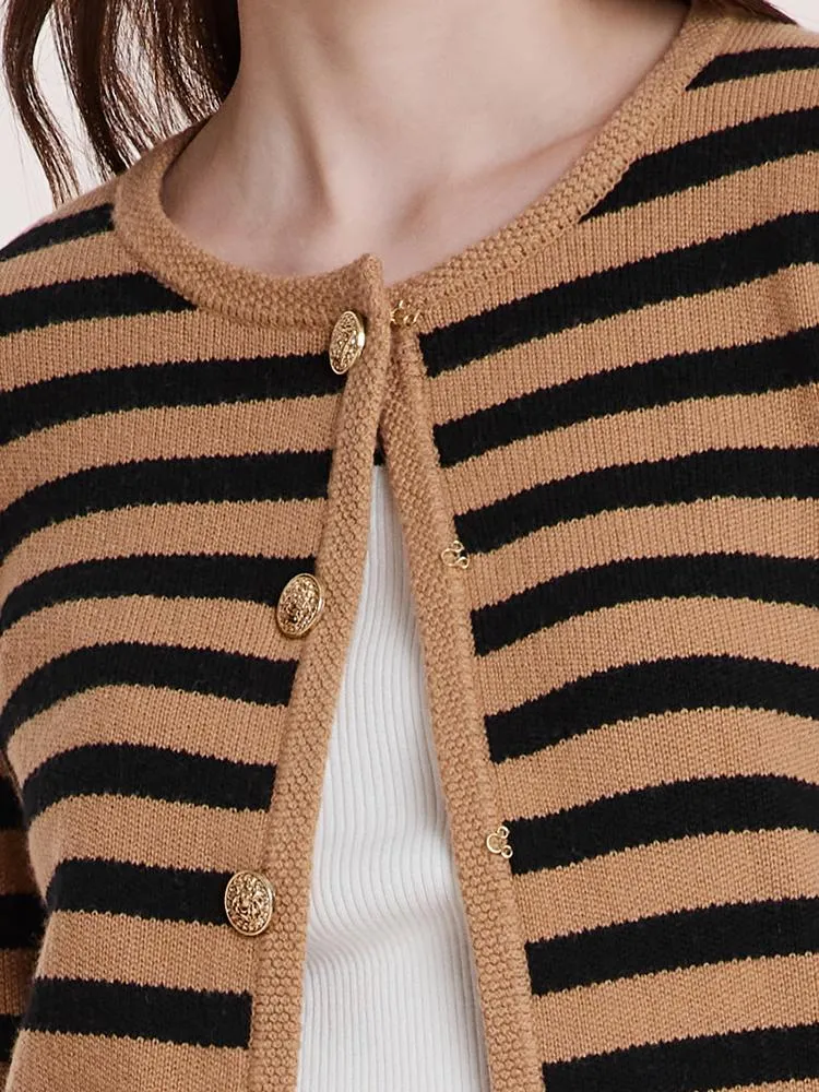 Button Up Woolen Striped Lady Cardigan