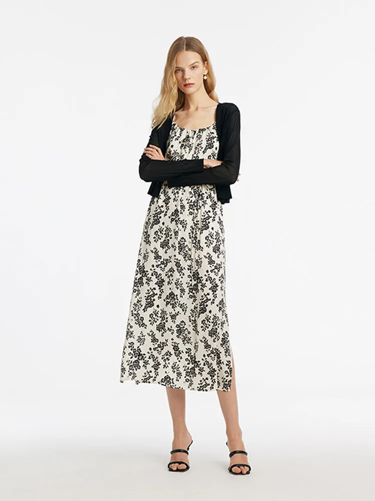 Camellia Printed Spaghetti Strap Dress And Knitted Cardigan Two-Piece Set