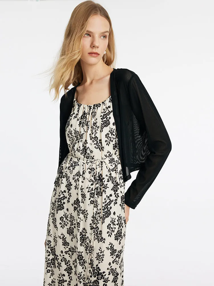 Camellia Printed Spaghetti Strap Dress And Knitted Cardigan Two-Piece Set