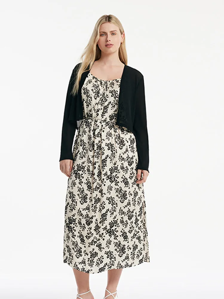 Camellia Printed Spaghetti Strap Dress And Knitted Cardigan Two-Piece Set