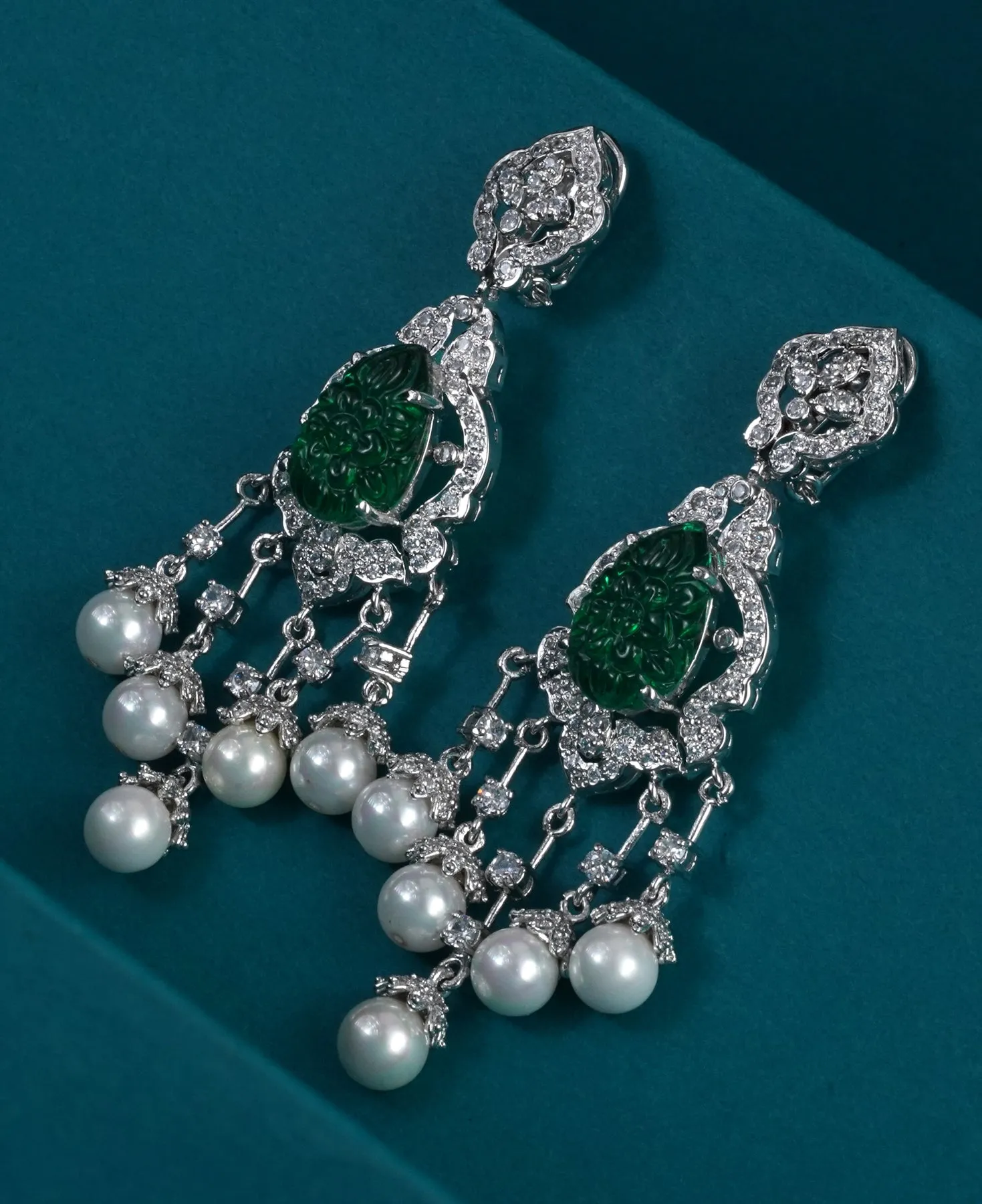 Carved Green & Pearl Princess Earrings