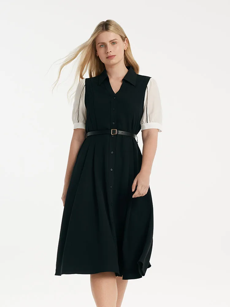 Commute Patchwork V-Neck Women Midi Shirt Dress With Belt