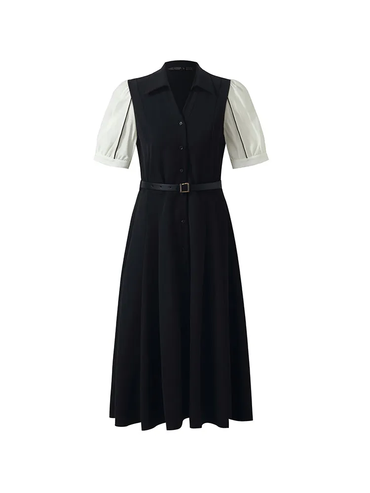 Commute Patchwork V-Neck Women Midi Shirt Dress With Belt