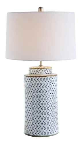 Creative Co-op Indigo & White Ceramic Table lamp with Linen Shade