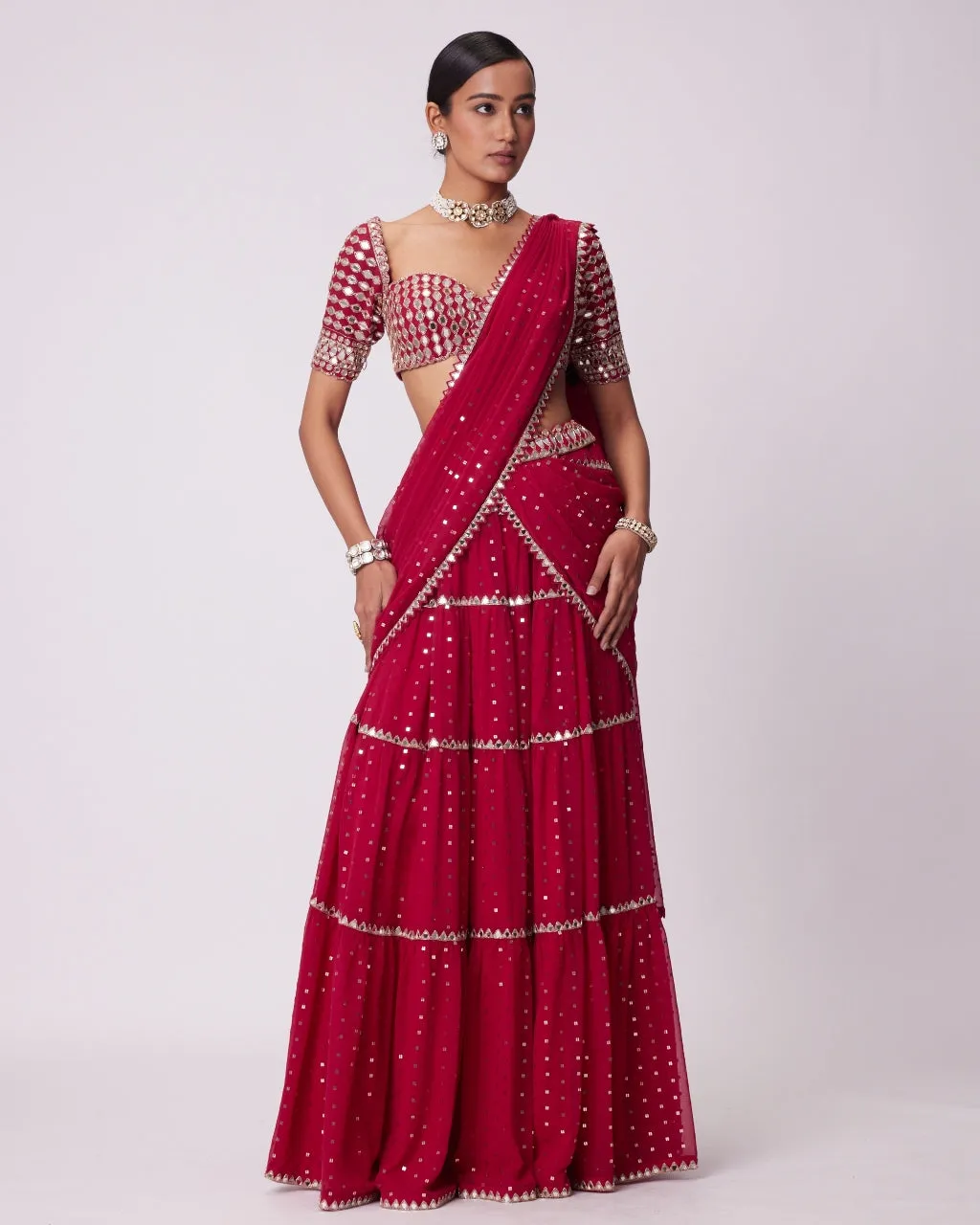 Crimson Red Multi- Tier Sequin Embroidered Sari Set